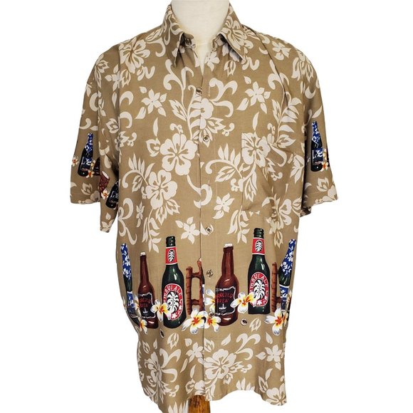 Vintage Indocraft Men Hawaiian Shirt Tan Tropical Floral Beer Lover Short Sleeve